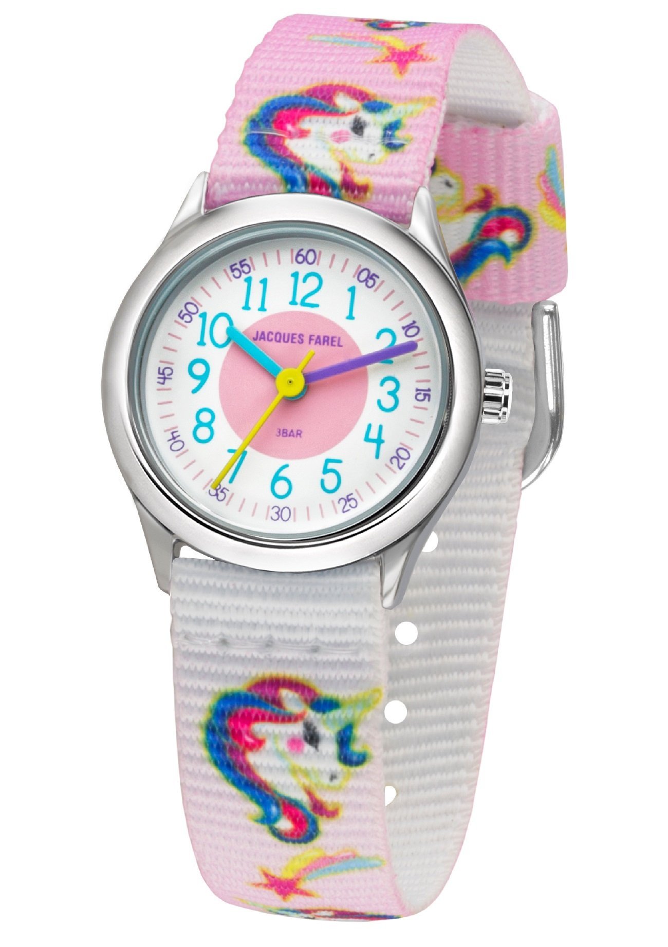 JACQUES FAREL HCC 042 Children's Watch Girls Unicorn Analogue Quartz Metal Textile Strap, multicoloured, Strap