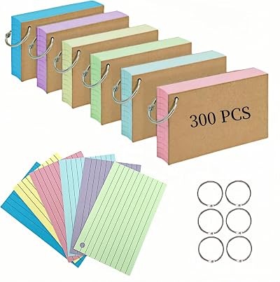 ojussa Flash Cards 300 Pcs 3x5 In Kraft Paper Notecards with 6 Rings
