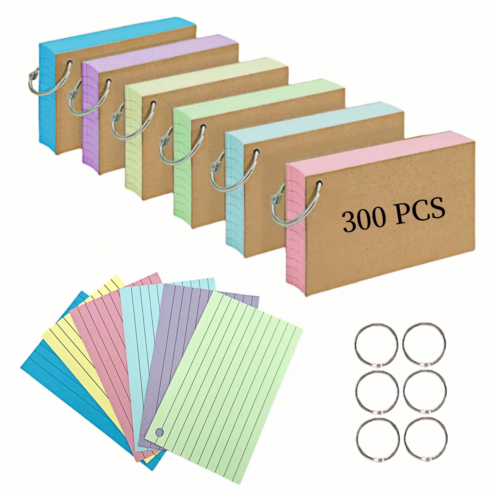 Flash Cards 300 PCS Revision Cards 3x5 Inch Kraft Paper Notecards with 6 Metal Binder Ring Multicolor Double Sided Flshcards for Office Home School Learning Record
