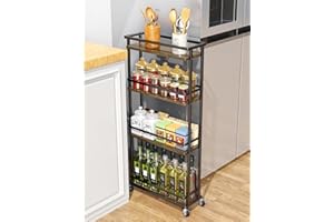 Giwil Slim Storage Cart 4 Tier Narrow Kitchen Rolling Cart on Wheels for Small Space, Mobile Spice Rack Seasoning Organizer Utility Serving Cart for Kitchen Bathroom Laundry, Brown