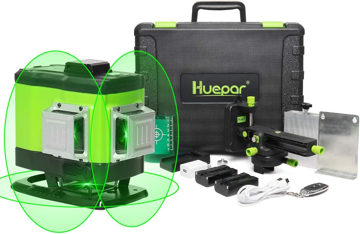 Huepar 3D Self-leveling Laser Level 3x360 Green Beam Cross Line Three-Plane Leveling, Alignment and Tiling Floor Laser Tool -360° Vertical and Horizontal Line with Remote Control&Hard Carry Case 503DG
