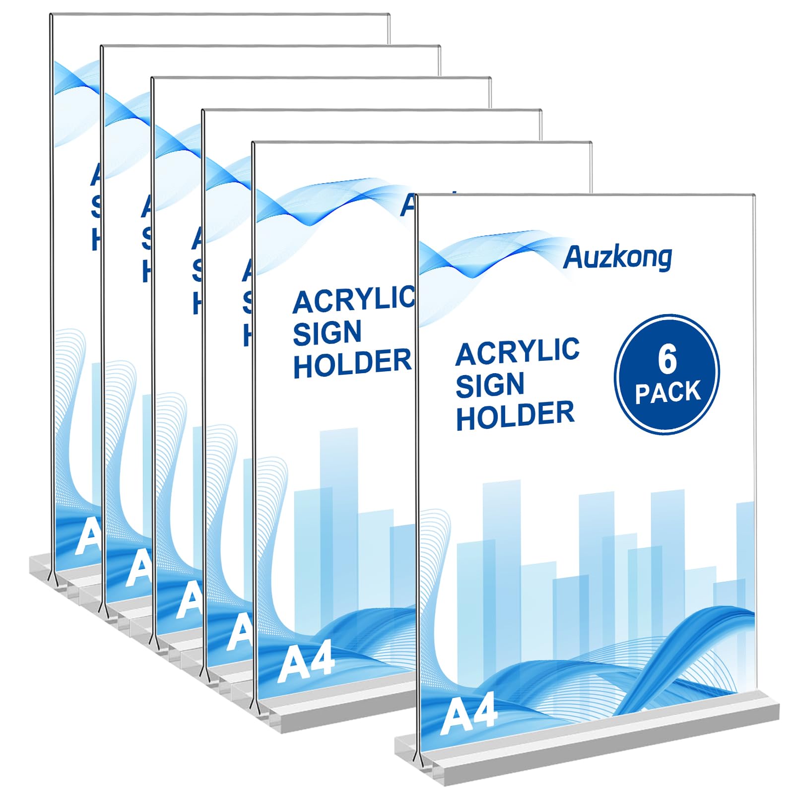 Auzkong A4 Acrylic Sign Holders, Double-Sided Vertical Display Stand, Plastic Paper Holder, T-Shaped Desktop Stand, Table Menu Display Stand for Restaurants Office Store Show (A4-6 Pack) — image 1