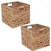 Kosmeey Set of 2 Storage Baskets Wicker Cube Baskets Foldable Handwoven Water Hyacinth Laundry Organizer,10.5 * 10.5 inches Woven Baskets, Wicker Storage Basket, Water Hyacinth Storage Baskets (2)