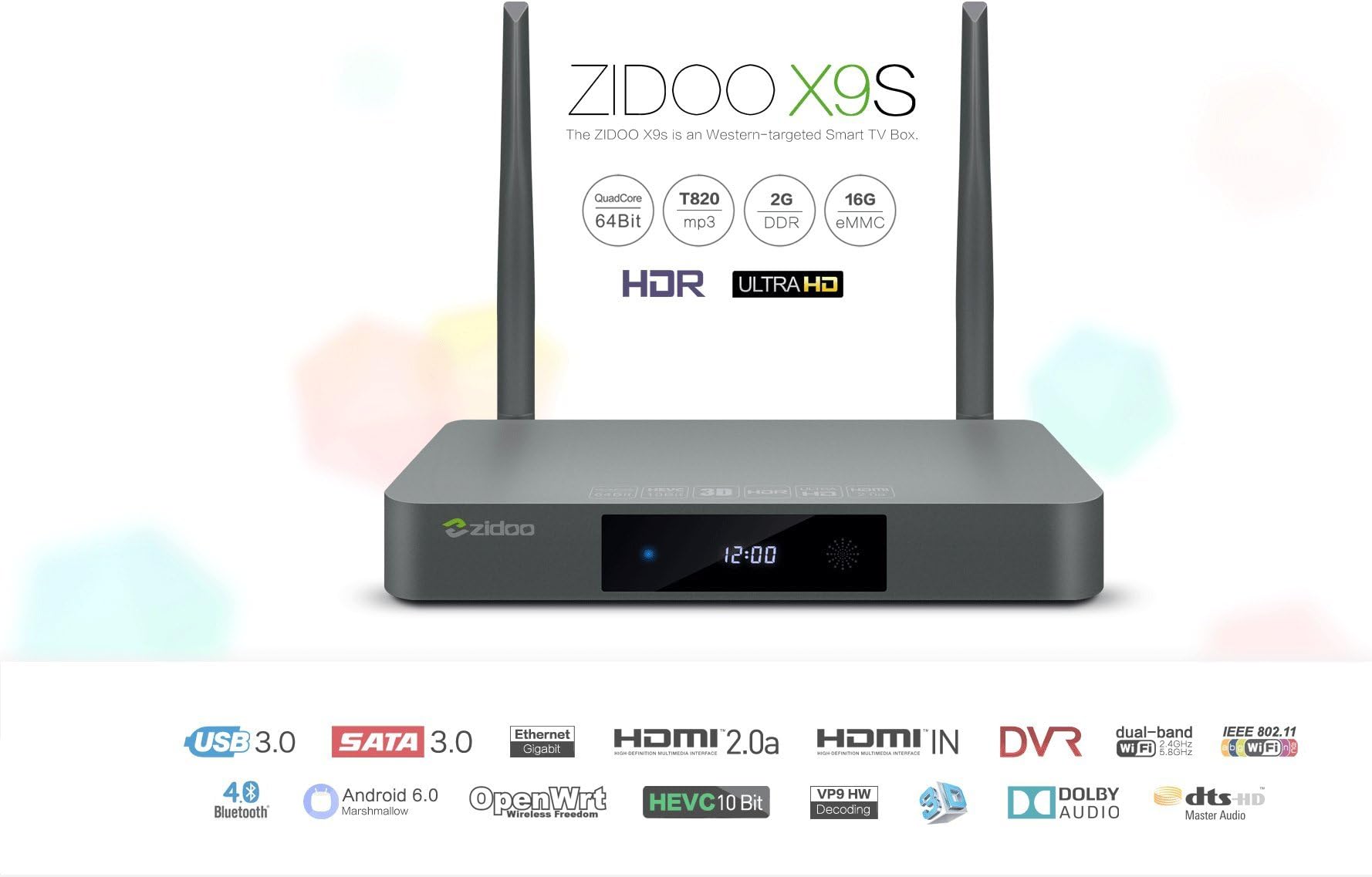 Zidoo X9S Android 6.0 TV Box, Realtek RTD1295 ARM Cortex-A53 CPU, ARM T820 GPU, 2GB DDR3 Memory, 16 GB eMMC, BT4.0, Built in ZDMC