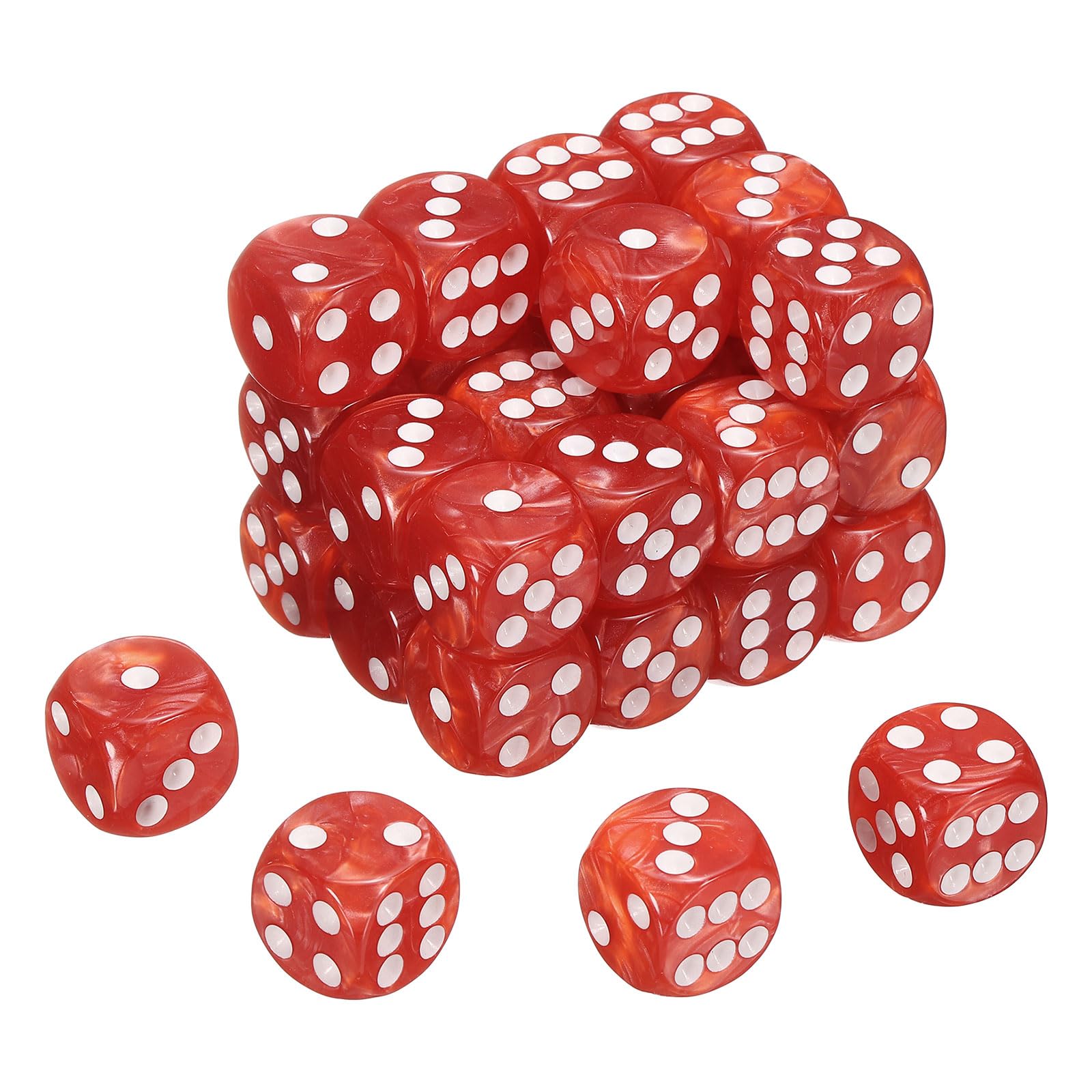 sourcing map 48Pcs 6 Sided Colored Standard Dice, 16mm Acrylic D6 Mini Polyhedral Pearl Pattern Game Dice Set for Table Games, Red/White Point