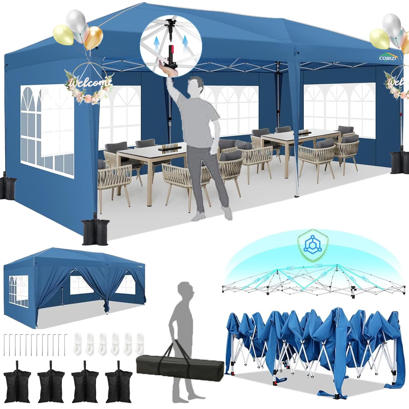 Photo 1 of ***FINAL SALE/NO RETURN, VIEW NOTES*** HOTEEL 10x20 Pop Up Canopy with 6 Sidewalls,One-Push Setup Canopy Tent with 8 Windbreak Poles,Waterproof Shade 10x20,Outdoor Canopies for Parties,Weddings,Camping,Patios (Blue)