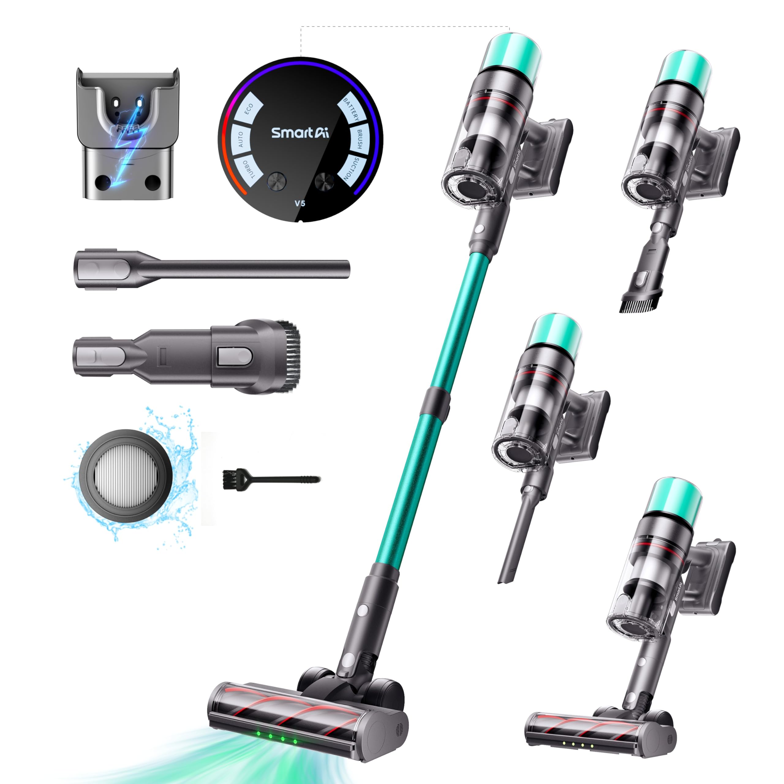SmartAI V5 Akku Staubsauger, 55Kpa/600W/80Mins Freistehend Staubsauger Kabellos, Ultralange Akkulaufzeit Akkustaubsaguer mit Automatikmodus für Teppich Tierhaare Hartböden