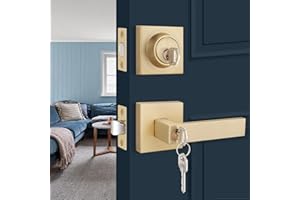 EHOMEWARE Door Handleset with Single Cylinder Deadbolt, Satin Brass Deadbolt, Reversible for Right and Left Side Single Keyed Square Deadbolt Lock Set