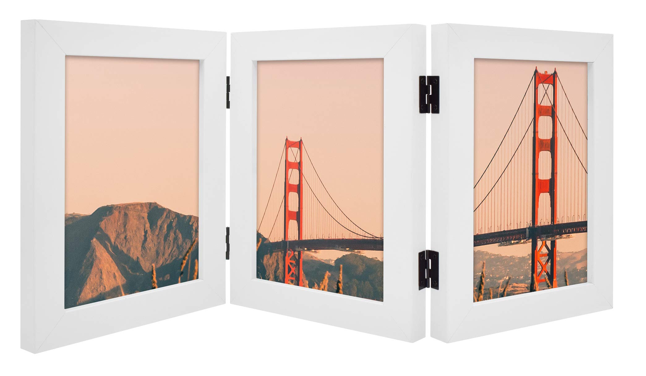 Frametory, 5x7 Trifold Picture Frame Hinged Photo Frames Three Folding Frame Desktop Glass Frame Vertical (White, 5x7 Triple)