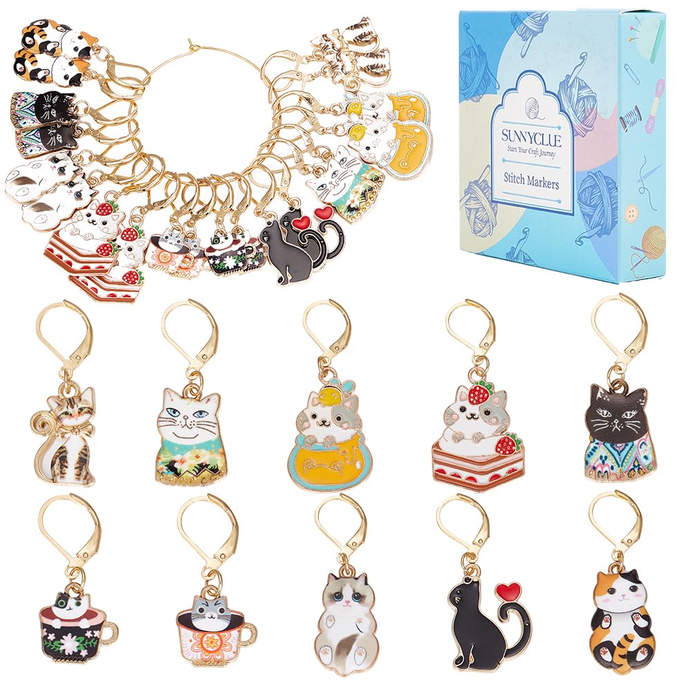 SUNNYCLUE 1 Box 20Pcs 10 Style Locking Stitch Marker Cute Stitch Markers Cat Pet Animal Leverback Knitting Charms Knitting for Weaving Sewing Needleworks Women Adults DIY Crafts