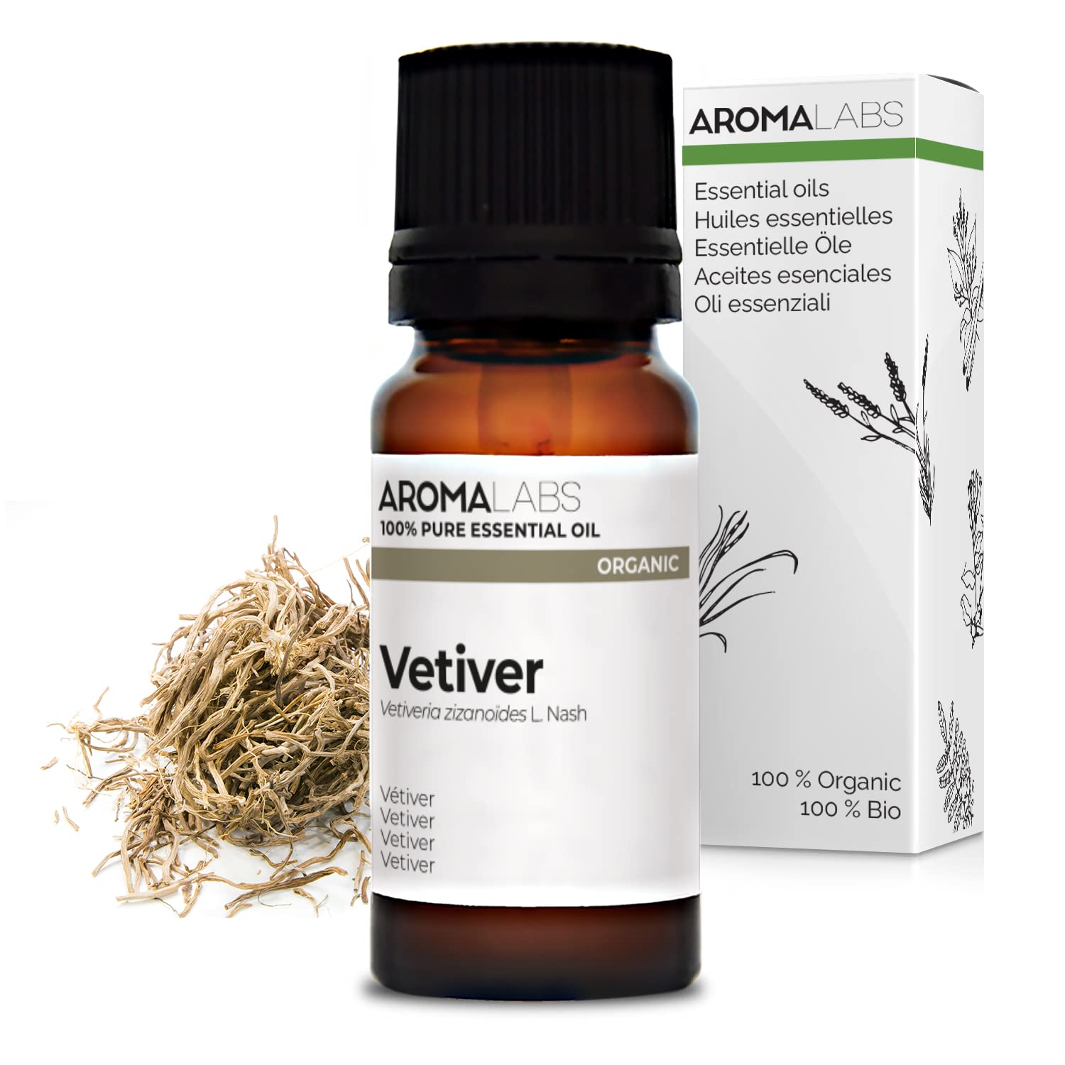 BIO - VETIVER Essential Oil - 10mL - 100% Pure, Natural, Chemotyped and AB/Cosmos Certified - AROMA LABS (French Brand)