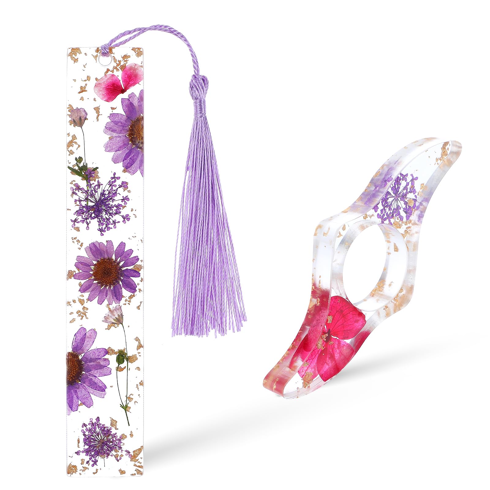 Gjinxi 2Pcs Book Page Holder, Dried Flower Resin Thumb Book Page Holder and Bookmark with Tassel, Book Accessories for Reading Lovers, Gift for Bookworm, Readers, Literary, Students, Teachers (Purple)