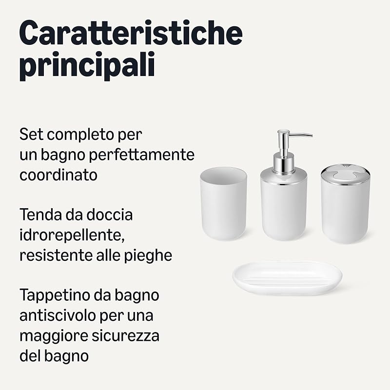 Set Accessori Bagno: Tenda Doccia con Ganci, Tappetino Bagno in Memory Foam, Dispenser Sapone, Portasapone, Portaspazzolini & Bicchiere, Bianco — foto 2 di 5