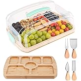 Charcuterie Board with Clear Taller Lid, Travel Bamboo Cheese Boards with 7 Compartments, Meat Fruit Serving Tray Platter, Includes 4 Cheese Knives, House Warming Gifts New Home, Blue Handles
