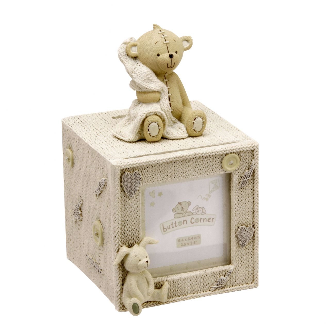 Christening Gifts - Button Corner Teddy Bear Money Box & Photo Frame