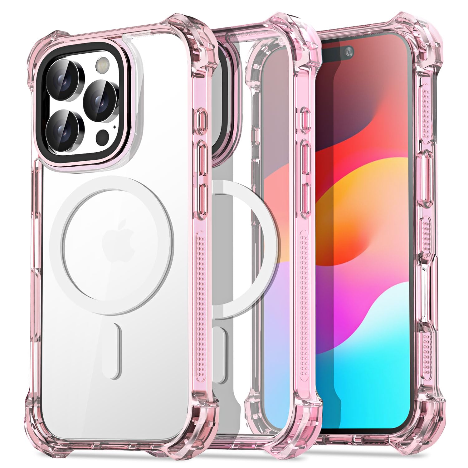 Photo 1 of AICase Bounce Case Compatible with iPhone 16 Pro Max Compatible with Magsafe Clear with Pink Bumper, Magnetic [Non-Yellowing] [21.3 FT Military Drop Protection] Mag Safe Magnet Phone Cover