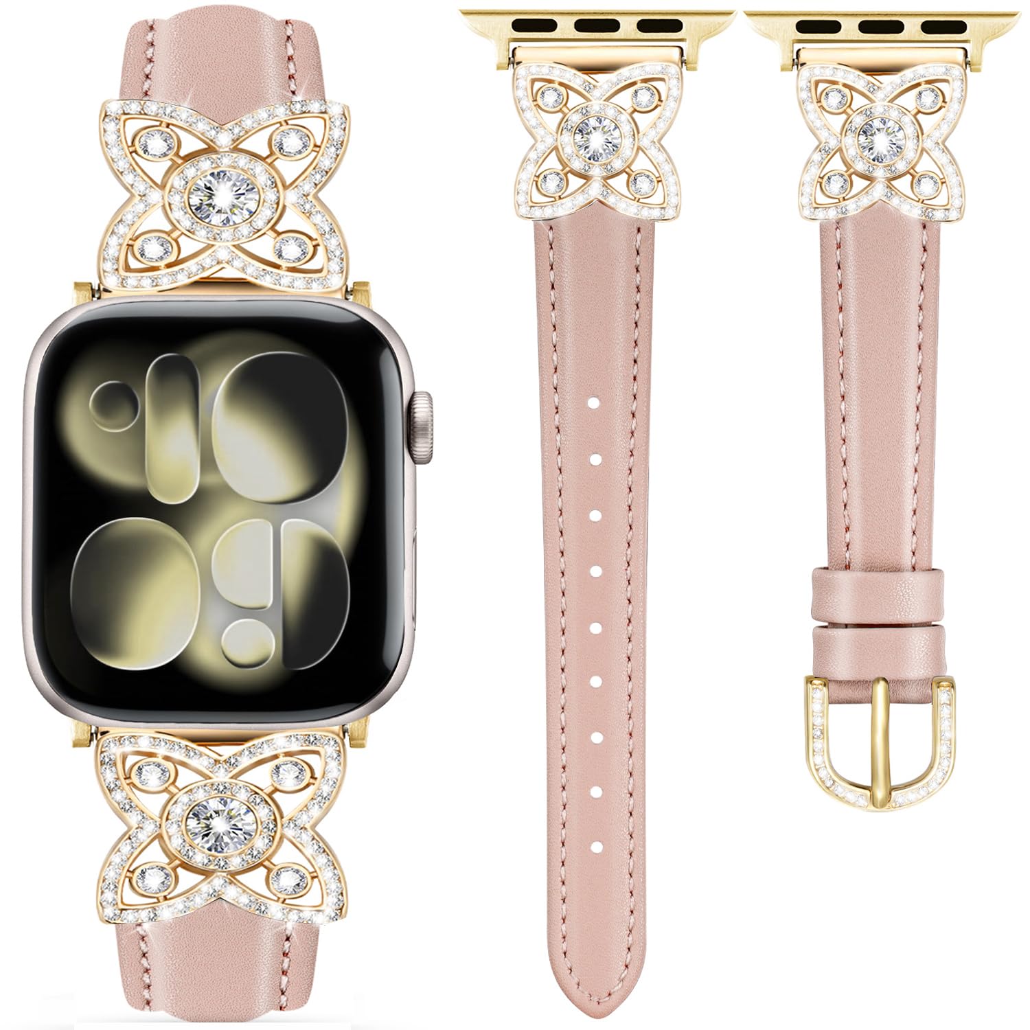 DEALELE Strap Compatible with Apple Watch 49 mm 46 mm 42 mm 45 mm 41 mm 44 mm 40 mm 38 mm, Glitter Flower Diamond Leather Replacement Straps for iWatch Series 11/10/9/8/7/6/5/4/3/SE/Ultra