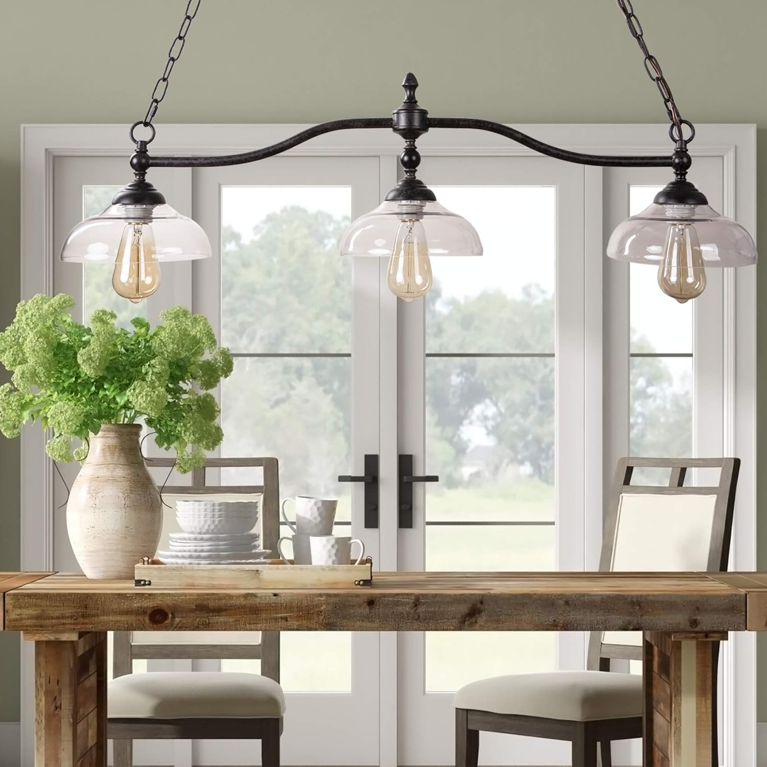 Dining Room Kitchen Island Light Fixture Hanging, Farmhouse Chandelier in Rustic Black Metal with Clear Glass Shades, Adjustable Chains Pendant Light - - 