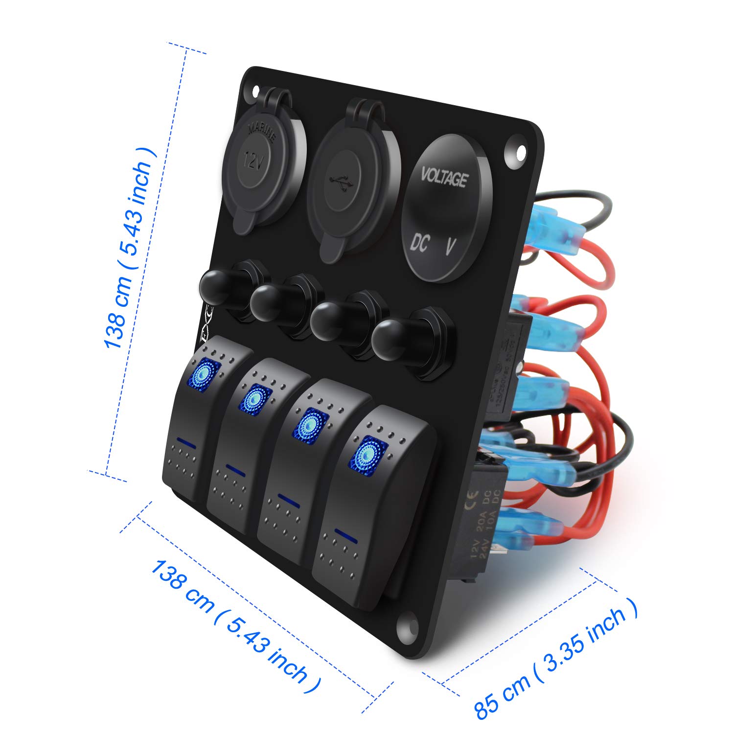 FXC Waterproof Marine Boat Rocker Switch Panel 4 Gang with 3.1A Dual USB Slot Socket + Cigarette Lighter +LED Voltmeter with Overload Protection for Car Rv Vehicles Truck (4 Gang Blue LED) (4 Blue): Industrial & Scientific
