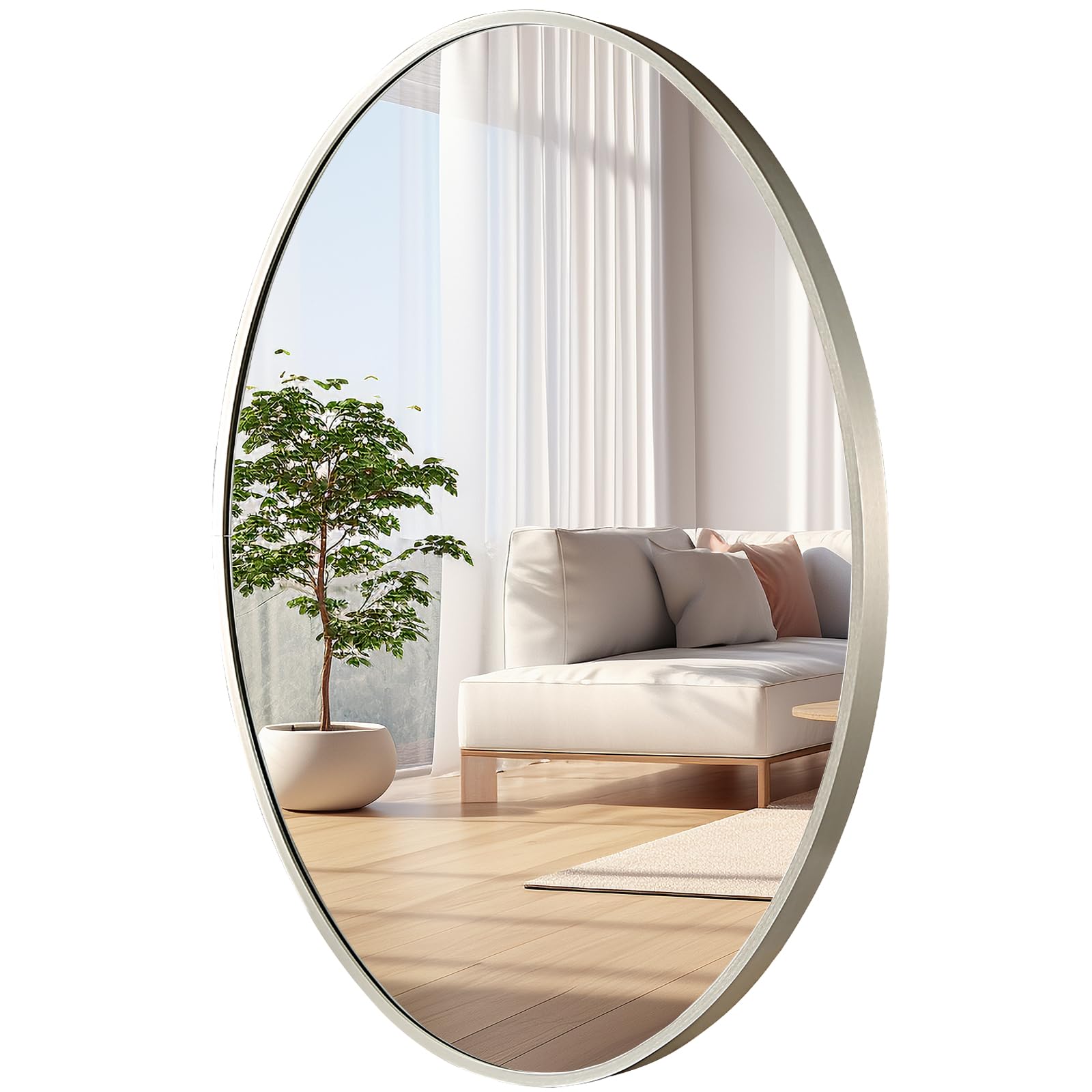 Photo 1 of JENBELY Oval Wall Mirror, 24"x36" Brushed Nickel Vanity Mirror, Bathroom Mirror of Metal Frame, Home Decorative Wall Mounted Mirror for Bathroom, Living Room, Entryway, Vanity