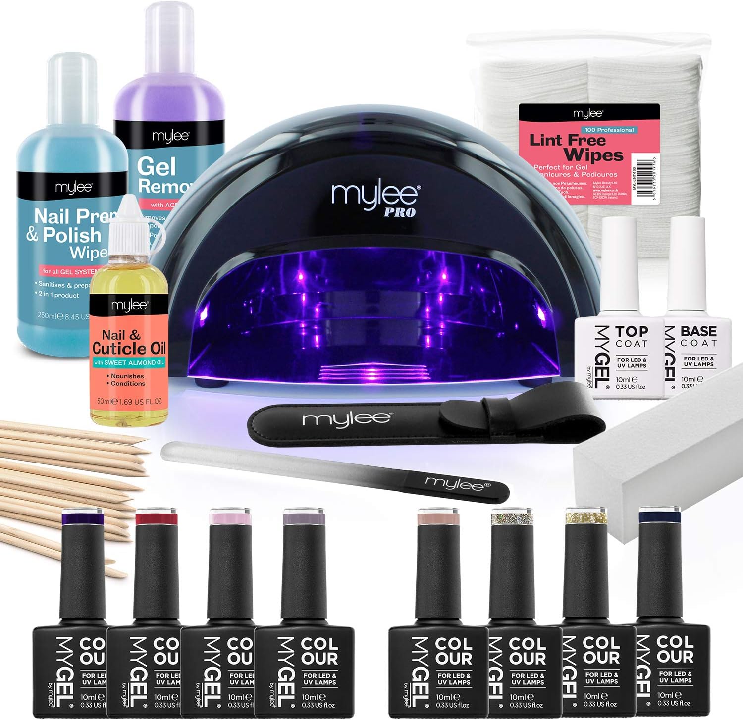 Mylee The Full Works Gel Nail Polish LED Lamp Kit, 8x MYGEL Colours, Top & Base Coat