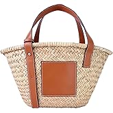 JAYAVENTURA Straw Basket Tote Bag for Women PU Leather Strap Hollow Woven Top Handle Straw Purses and Handbags