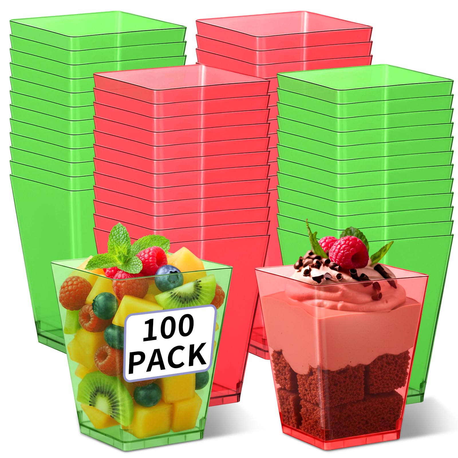 Photo 1 of 100 Pack 5 oz Christmas Plastic Mini Dessert Cups Clear Small Disposable Shooters Red and Green Square Mousse Bowls Drinking Cups for Fruit Pudding Mousse Xmas Wedding Birthday Holiday Party Supplies