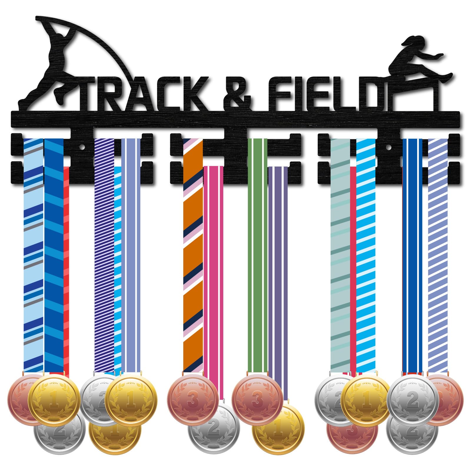 CREATCABIN Track and Field Medal Holder Medals Hanger Display Running Marathon Competition Race Sports Awards Ribbon Organizer Black Wood Wall Rack for Runner Player Athlete Gift Medalist 15.7x5.9Inch