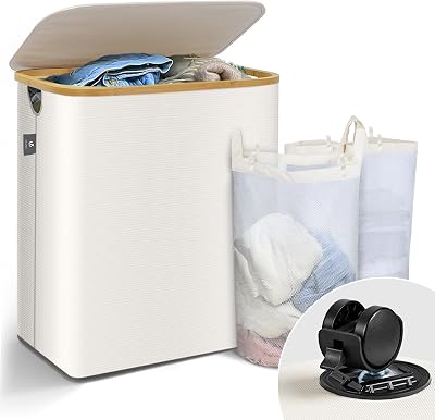 ® Cesto Ropa Sucia con Tapa 145L Cesta para la Colada Cubo Ropa Sucia Plegable con Ruedas Bolsas Interiores Extraíble Asas de Bambú Laundry Basket para Lavandería Dormitorio Cuatro de Baño Beige