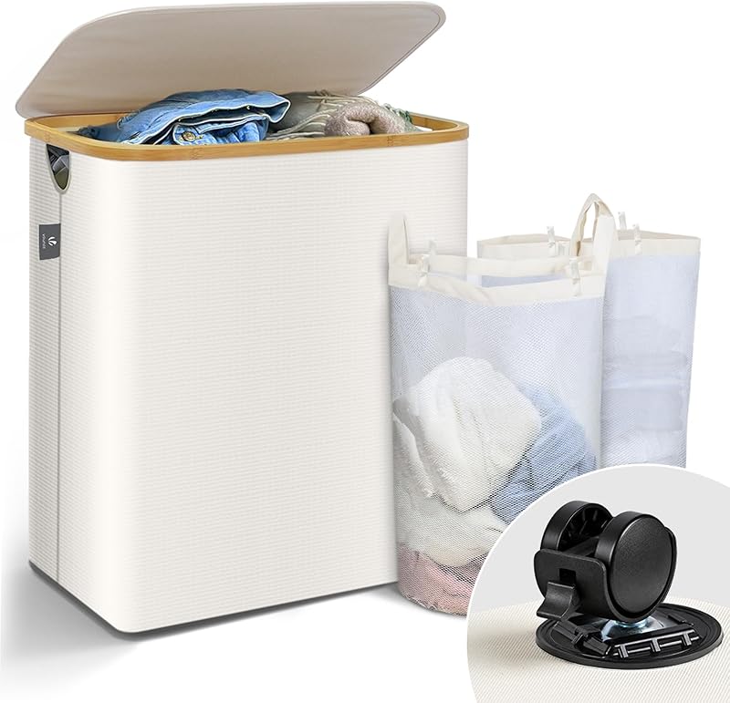 ® Cesto Ropa Sucia con Tapa 145L Cesta para la Colada Cubo Ropa Sucia Plegable con Ruedas Bolsas Interiores Extraíble Asas de Bambú Laundry Basket para Lavandería Dormitorio Cuatro de Baño Beige