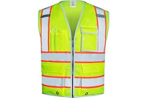 SKSAFETY 10 Pockets Safety Vest, Class 2 High Visibility Security with Zipper, Hi Vis Vest with Reflective Strips, ANSI/ISEA Standard, Construction Work Vest for Men ＆ Women （Lime, XL）