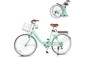 LayBurst 26 Inch Foldable Beach Cruiser Bike with Detachable Cup Holder,Stylish Ladies' Bike with Detachable Foldable Metal Basket,7-Speed,Women's Folding Bike for Commuting,Fitness and Vacation