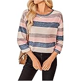SweatyRocks Women's Striped 3/4 Sleeve T Shirts Color Block Crew Neck Casual Tee Tops