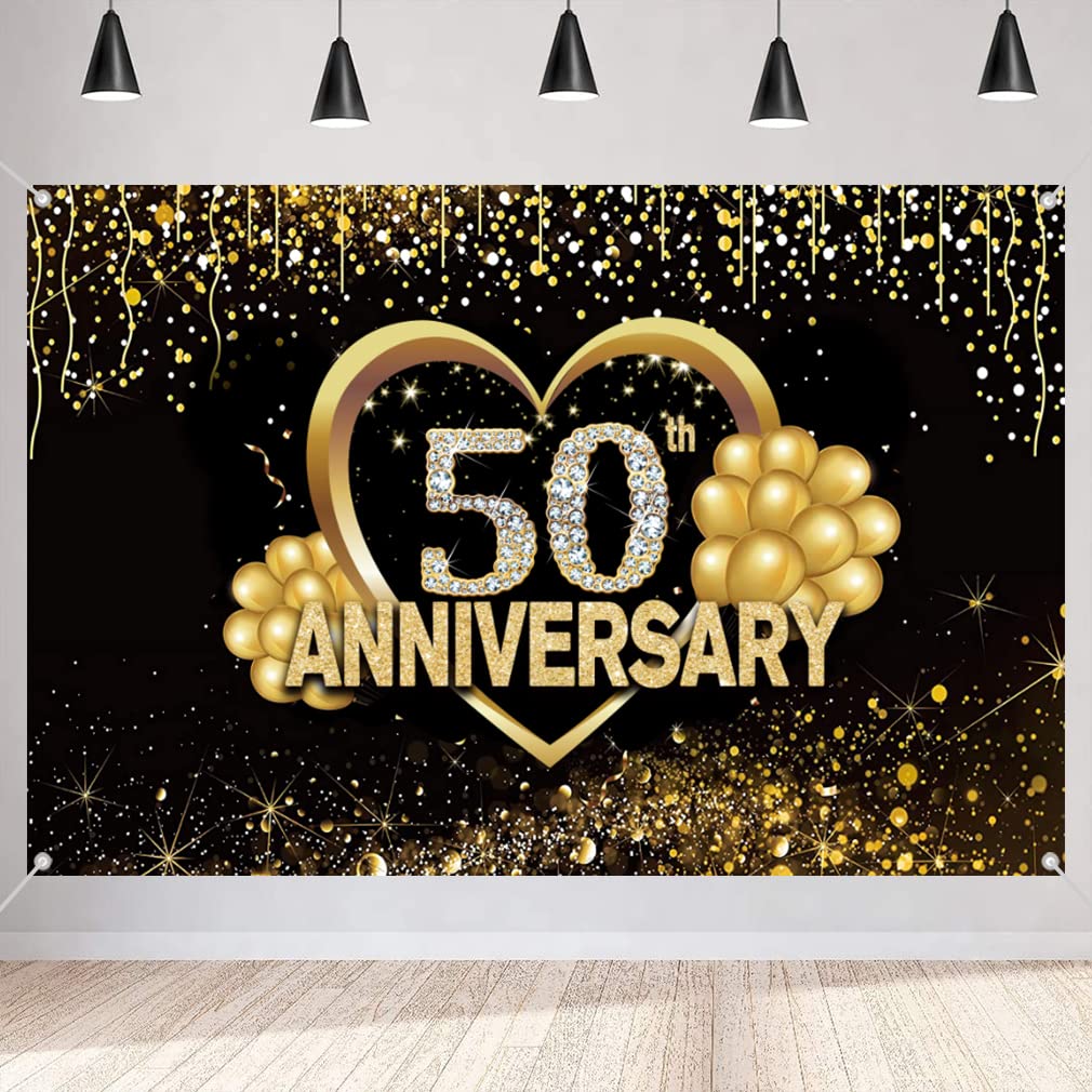 Happy 50th Anniversary Decorations Background Banner, 50th Wedding Anniversary Decor Party Poster Accessories Fabric Sign Poster, Black and Gold, 150 cm x 90 cm