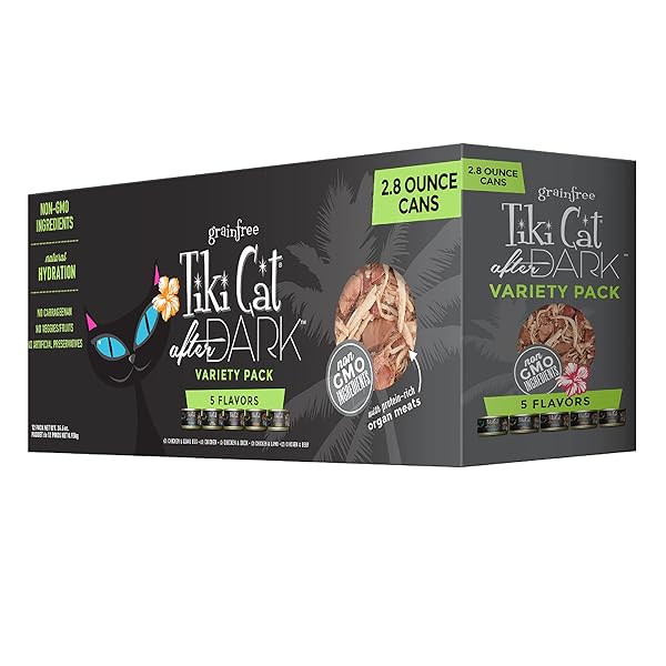 TIKI CAT AFTER DARK, VARIETY PACK, HIGH-PROTEIN AND 100% NON-GMO INGREDIENTS, WET CAT FOOD FOR ADULT CATS, 2.8 OZ. CANS (PACK OF 12)