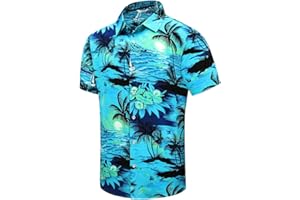 SheLucki Hawaiian Shirt for Men, Unisex Summer Beach Casual Short Sleeve Button Down Shirts, Printed Palmshadow Clothing