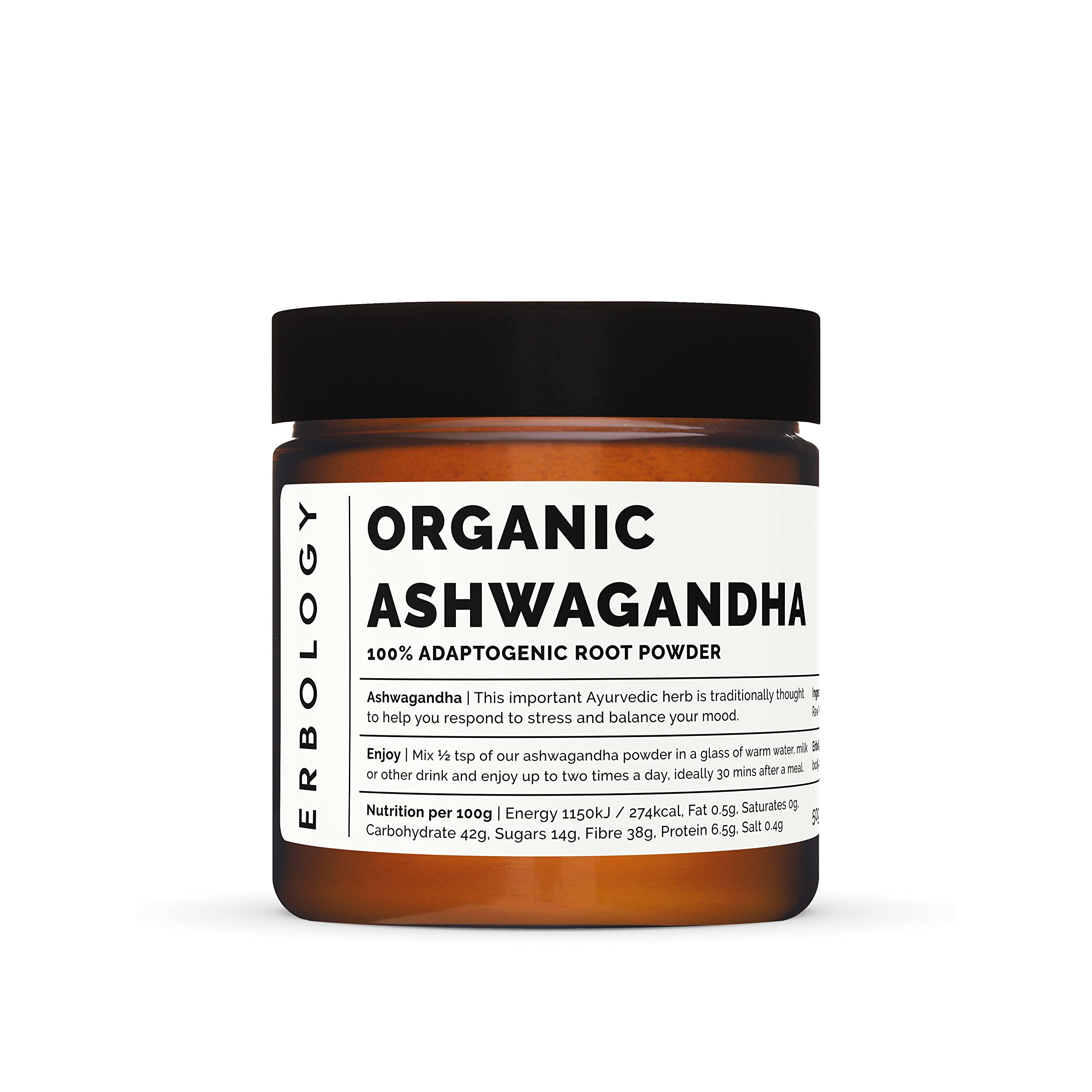 Erbology Organic Ashwagandha Powder 50g - 25 Servings - Sleep Aid - Rich in Withanolides - Sustainably Sourced Straight from Farm in India - Small Batch - Vegan - GMO-Free - Recyclable Glass