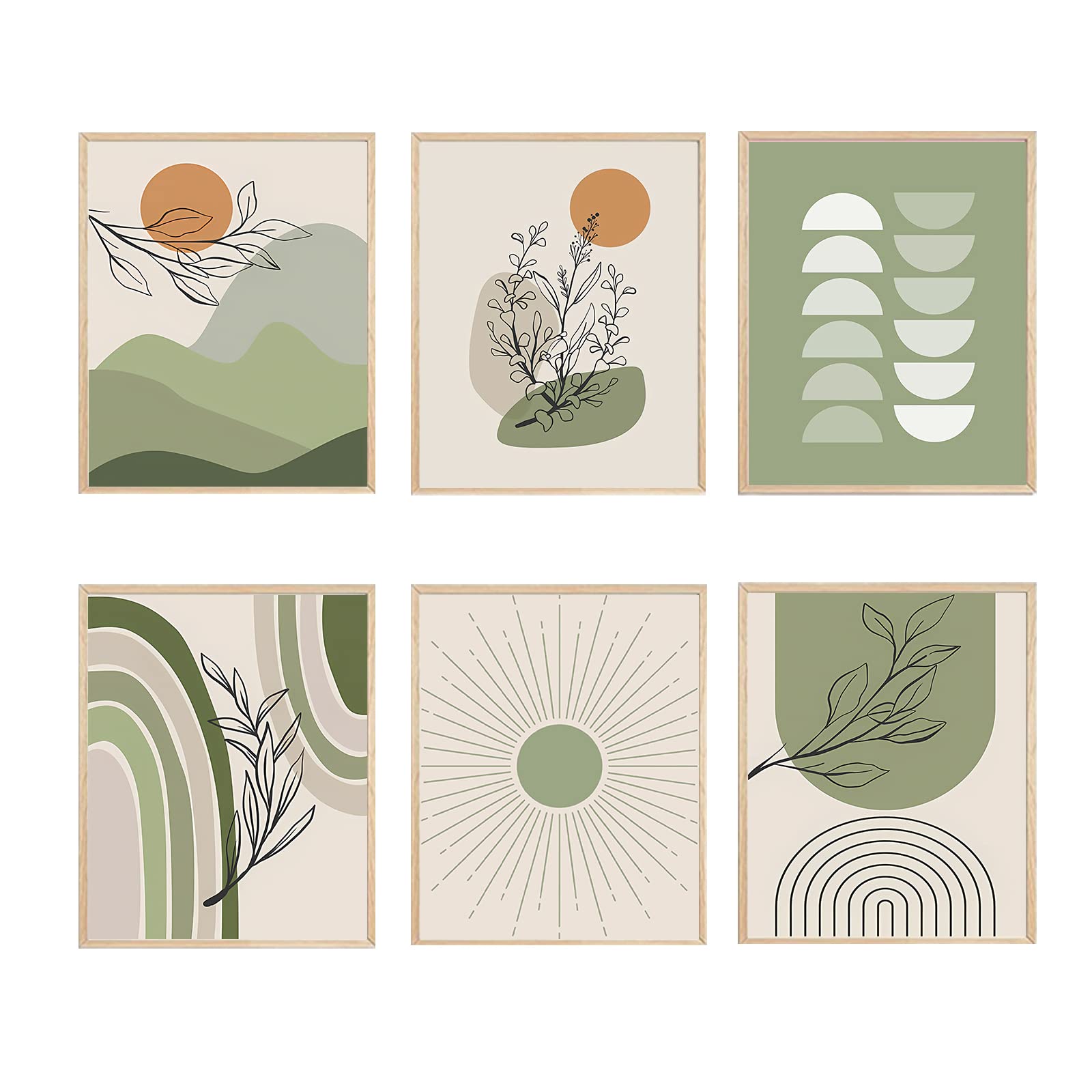 Abstract Boho Wall Art Prints Set of 6 Mid Century Modern Green Boho ...