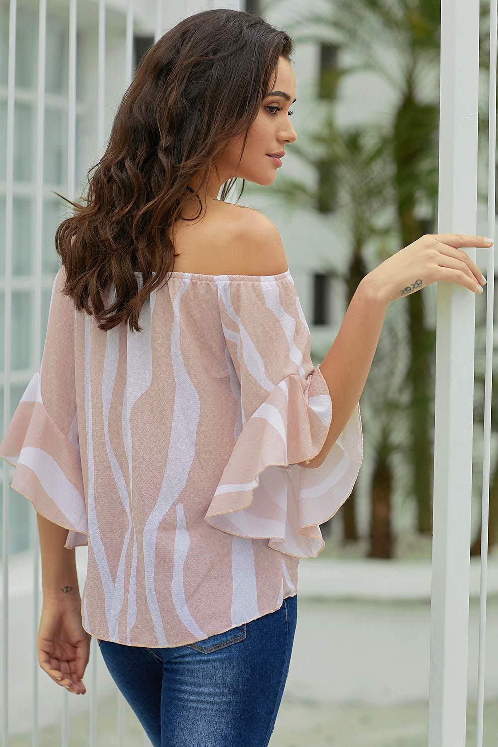 Women\'s Summer top Off-The-Shoulder Sexy Flared Sleeve Bow tie Casual Shirt (Purple, L)