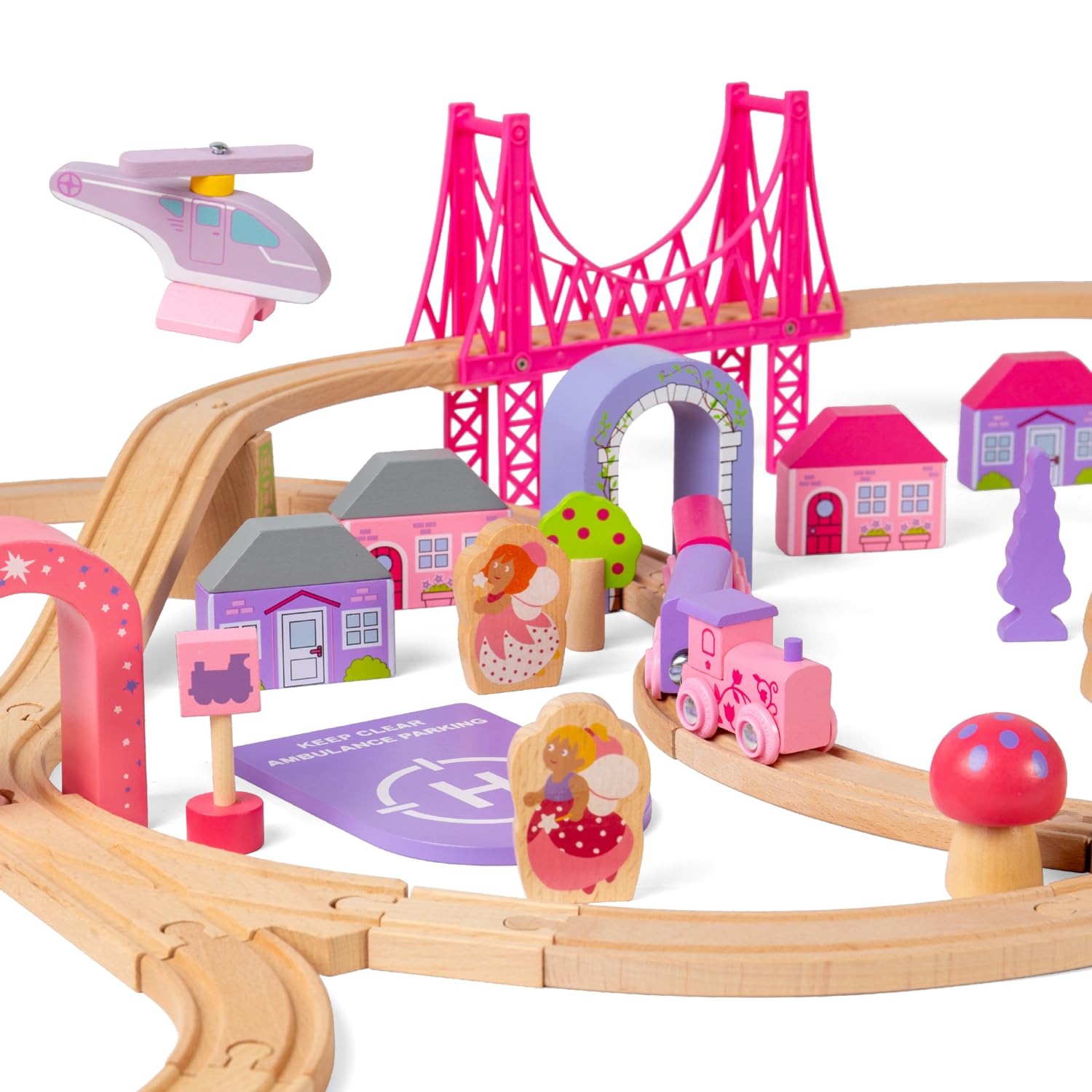 Bigjigs Rail Fairy Town Wooden Train Set | Railway Toy for Kids Age 3+ | Wood Track with Model Fairytale Village | Comes with Pink Wood Accessories & Figures | Educational Gift for Girls and Boys