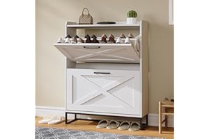 Captain Winters Shoe Cabinet with 2 Flip Drawers,Narrow Storage Cabinet&Fluted Shoe Cabinet,Shoe Organizer & Shoe Rack for Entryway,Farmhouse Slim Shoe Storage Cabinet for Entryway, White