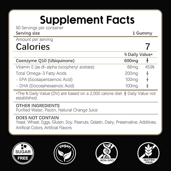 COQ10 GUMMIES, CO Q 10 SUPPLEMENT SUGAR FREE, CQ10 600MG WITH OMEGA 3 & VITAMIN E, HIGH ABSORPTION COENZYME Q10 GUMMIES FOR HEART HEALTHY, ENERGY & ANTIOXIDANT SUPPORT, ORANGE FLAVOR, 90 COUNT