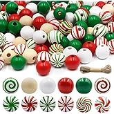 DISENB 240 Pieces Christmas Wooden Beads with Rope, Red Green White Peppermint Swirl 16mm Colored Round Winter Christmas Wood Beads for Xmas DIY Jewelry Making Garland Home Holiday Party Decor