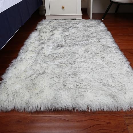 Gianco Ferro Super Soft Faux Fur Fake Sheepskin Shaggy Area Rugs For Living Bedroom White With Gray 2ftx3ft
