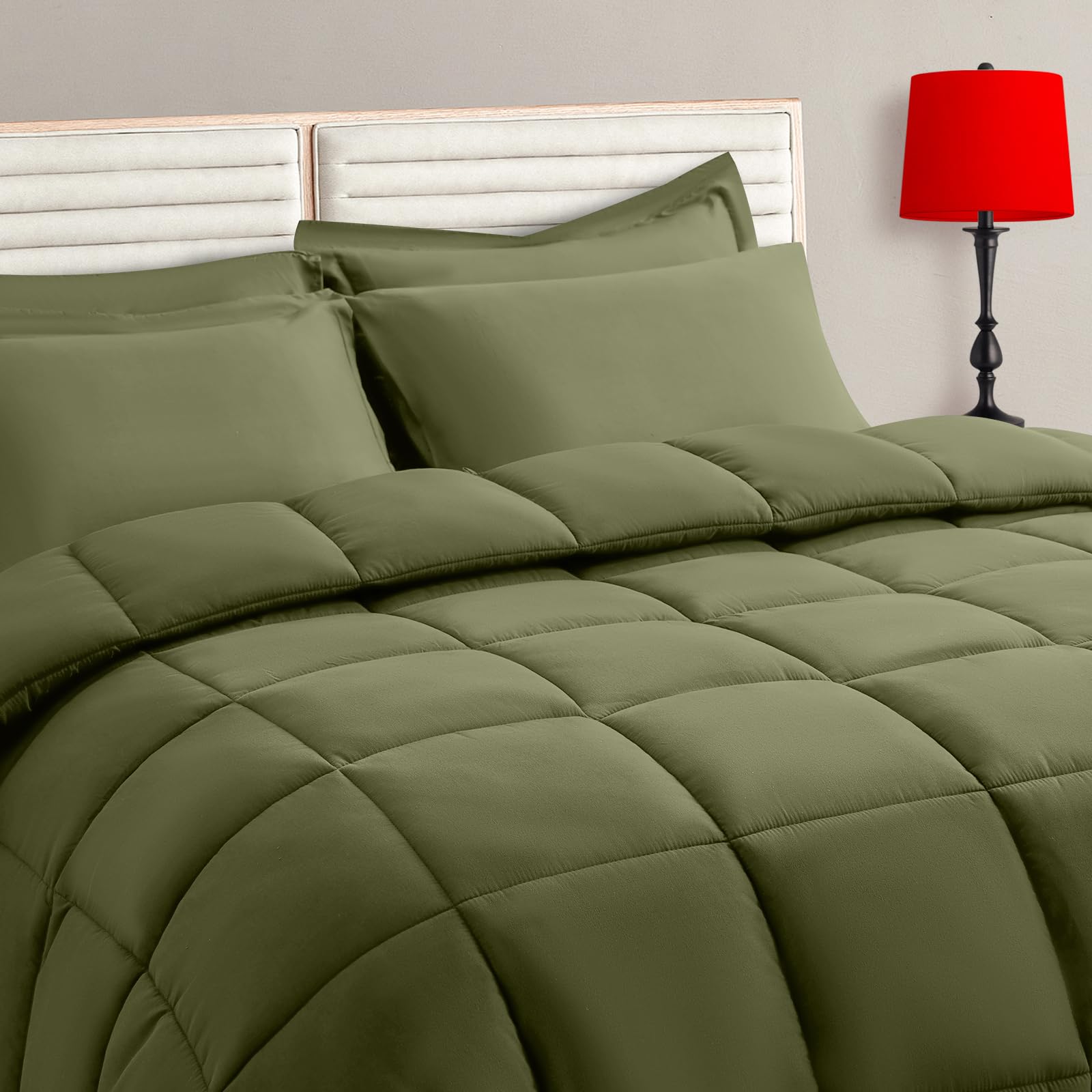 Photo 1 of TAIMIT Olive Green Queen Size Comforter Set - 7 Pieces, Bed in a Bag Bedding Sets with All Season Soft Quilted Warm Fluffy Reversible Comforter,Flat Sheet,Fitted Sheet,2 Pillow Shams,2 Pillowcases