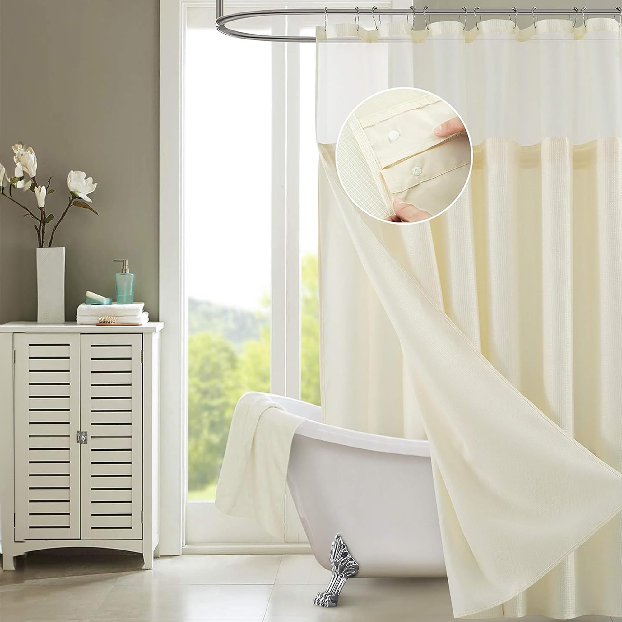 Dainty Home Waffle Weave Long Shower Curtain Liner Ivory 70" x 72" Fabric Snap-in Liner Mesh See Through Top Waterproof Fabric Shower Curtain — image 1