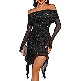 BeryLove Women's Sexy Sequin Prom Cocktail Dress Ruched Bodycon Off Shoulder Formal Party Long Sleeve Dresses