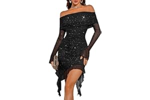 BeryLove Women's Sexy Sequin Cocktail Dress Ruched Bodycon Off Shoulder Glitter Formal Party Long Sleeve Dresses