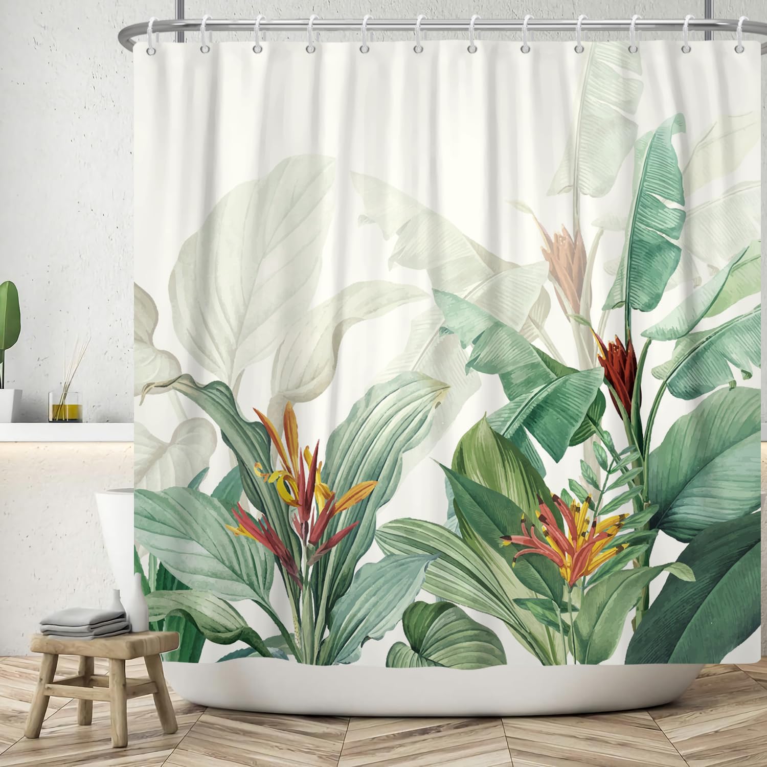 ASDCXZ Leaves Shower Curtain 180x200 cm, Hand Painted Tropical Green Leaves Red Yellow Flowers White Bath Washable Shower Curtains Polyester Textile Waterproof Bath Curtain for Bathtub with 12 Hook