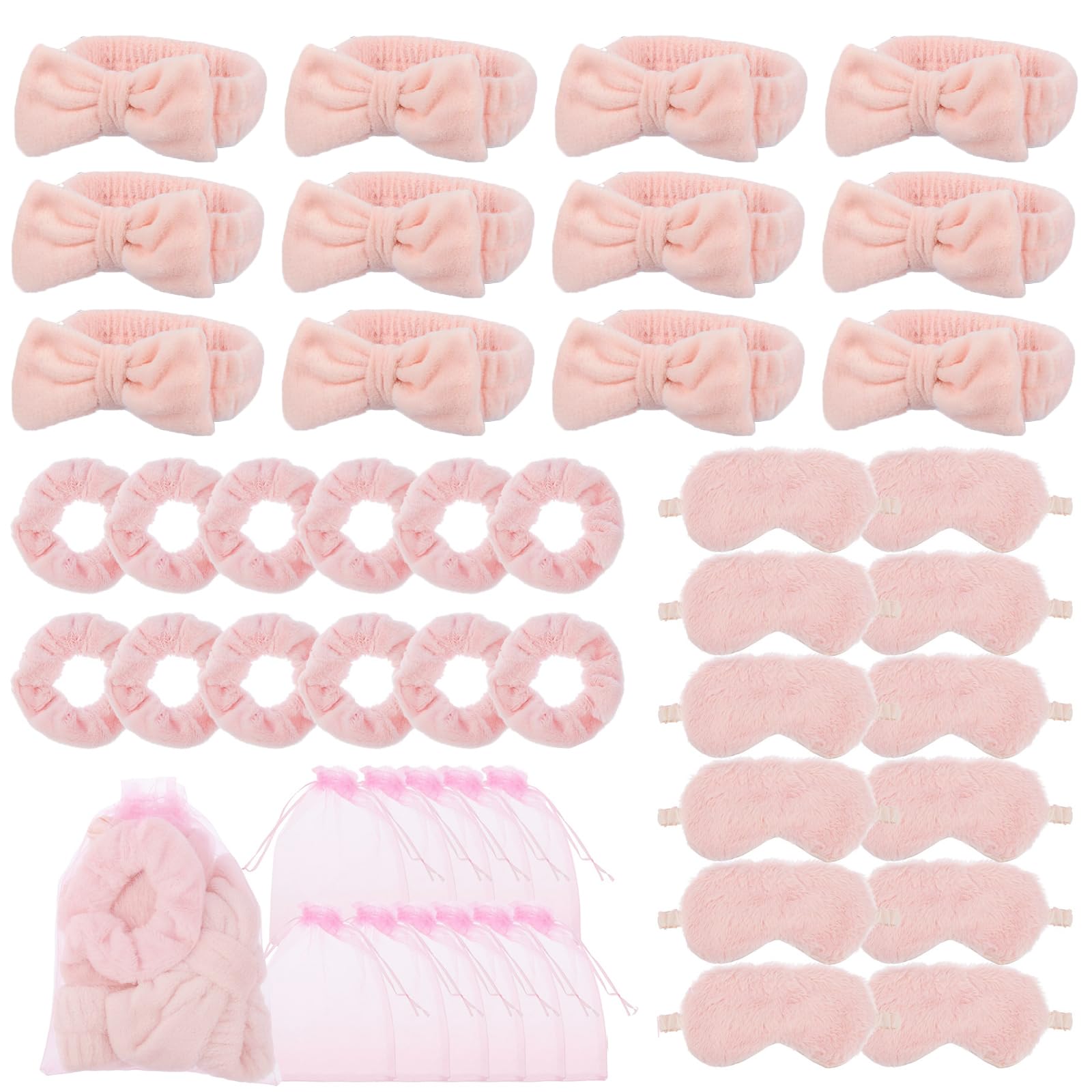 48 x Girls' Spa Sleepover Party Supplies Set 12 Pink Headbands, Sleep Eye Masks, Velvet Hair Scrunchies & Organizer Bags